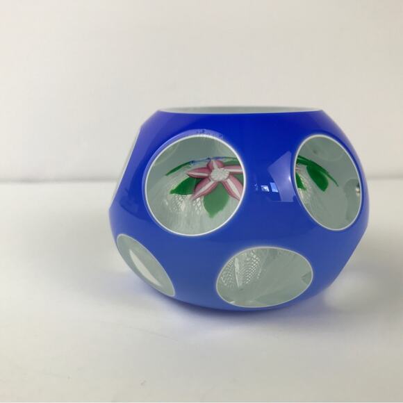 John Deacons Double Overlay Two Flower Lampwork Latticinio Faceted Paperweight - Picture 7 of 15